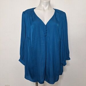 Joie Blue Bohemian Lagenlook Round Hem Long Bell Sleeve Hi Low Blouse Size 2X